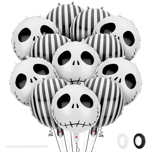12 Stück Halloween Totenkopf Folie schwarz und weiß gestreifte Luftballons (45,7 cm) Albtraum Horror Thema Geburtstag Party Dekorationen Gruselige Geist Skelett Katze Babyparty Tag der Toten Indoor von QIHOMPIB