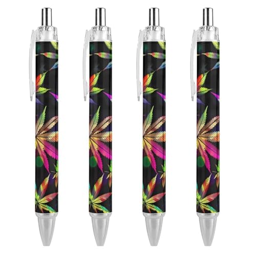 QIJIUU Bunte Regenbogen-Kugelschreiber mit Unkrautblättern, schwarze Tinte, einziehbarer Schreibstift für Männer und Frauen, Bürobedarf, 4 Stück von QIJIUU