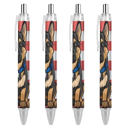 QIJIUU Dog Blue Line Kugelschreiber mit amerikanischer Flagge, schwarze Tinte, einziehbarer Schreibstift für Männer und Frauen, Bürobedarf, 4 Stück von QIJIUU