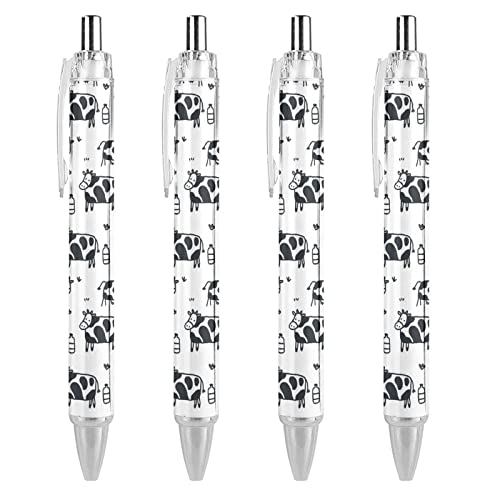 QIJIUU Kugelschreiber mit Cartoon-Kuhmuster, 0,5 mm, feine Spitze, einziehbar, schwarze Tinte, zum Schreiben, 4 Stück von QIJIUU