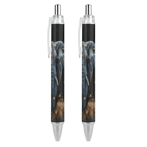QIJIUU Kugelschreiber mit Elefanten-Sonnenblumen-Motiv, schwarze Tinte, einziehbarer Schreibstift für Männer und Frauen, Bürobedarf, 2 Stück von QIJIUU