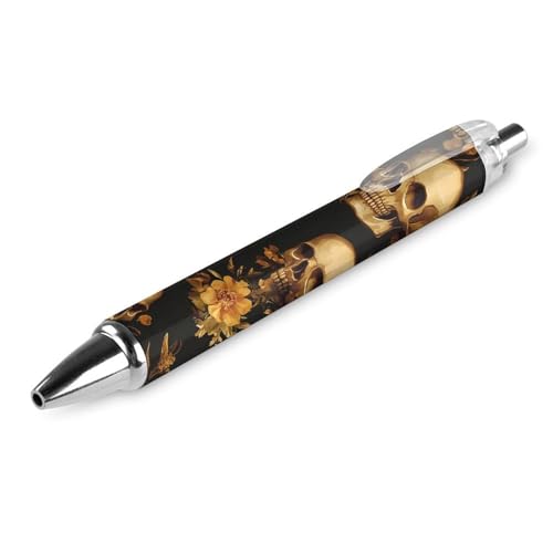 QIJIUU Kugelschreiber mit Totenköpfen, gelbe Blumen, personalisierbar, ausgefallene lustige Kugelschreiber, schwarz, Geschenke, 1 Stück von QIJIUU