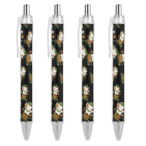 QIJIUU Lustige Kugelschreiber, Motiv: Cat St. Day und Patrick's Kleeblatt, schwarze Tinte, einziehbarer Stift für glattes Schreiben, 0,5 mm, feines Bürozubehör, Geschenke, 4 Stück von QIJIUU