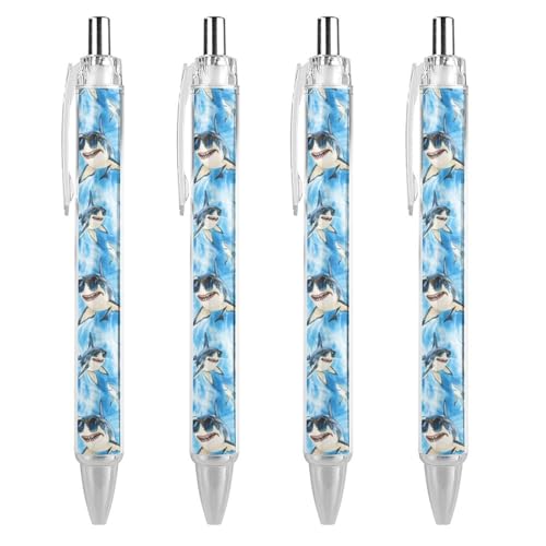 QIJIUU Lustige Kugelschreiber, Motiv: Haie mit Brille, Batikfärbung, blaue Tinte, einziehbarer Stift für glattes Schreiben, 0,5 mm, feines Bürozubehör, Geschenke, 4 Stück von QIJIUU