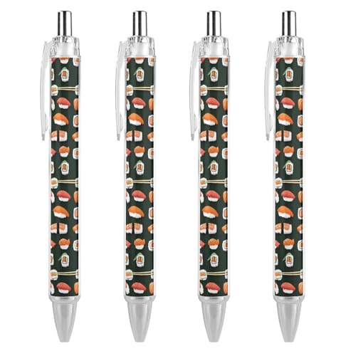 QIJIUU Lustige Kugelschreiber mit Sushi-Muster, schwarze Tinte, einziehbarer Stift für glattes Schreiben, 0,5 mm, feines Bürozubehör, Geschenke, 4 Stück von QIJIUU