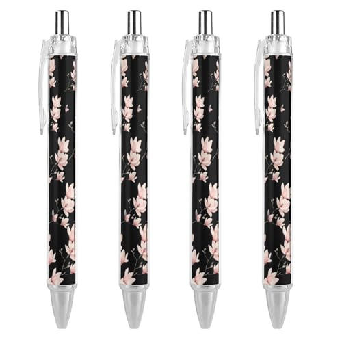 QIJIUU Lustiger Kugelschreiber mit Magnolien-, Blumen- und Schmetterlings-Motiv, schwarze Tinte, einziehbarer Stift für glattes Schreiben, 0,5 mm, feines Bürozubehör, Geschenke, 4 Stück von QIJIUU