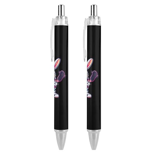 QIJIUU Lustiger Lacrosse Player Bunny Kugelschreiber mit schwarzer Tinte, einziehbarer Schreibstift für Männer und Frauen, Bürobedarf, 2 Stück von QIJIUU