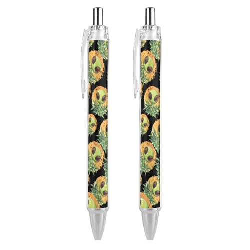 QIJIUU Niedliche Aliens und Unkraut-Kugelschreiber, schwarze Tinte, einziehbarer Stift für glattes Schreiben, 0,5 mm, feines Bürozubehör, Geschenke, 2 Stück von QIJIUU
