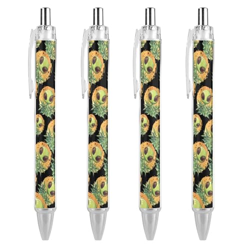 QIJIUU Niedliche Aliens und Unkraut-Kugelschreiber, schwarze Tinte, einziehbarer Stift für glattes Schreiben, 0,5 mm, feines Bürozubehör, Geschenke, 4 Stück von QIJIUU