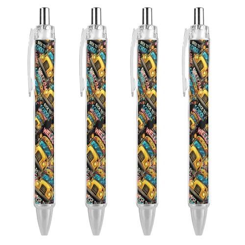 QIJIUU Niedlicher Schulbus-Kugelschreiber, schwarze Tinte, einziehbarer Stift für glattes Schreiben, 0,5 mm, feines Bürozubehör, Geschenke, 4 Stück von QIJIUU