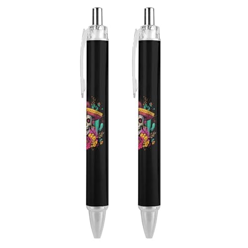 QIJIUU Psychedelischer mexikanischer Totenkopf-Kugelschreiber, Blume, Kaktus, schwarze Tinte, Kugelschreiber, einziehbarer Schreibstift für Männer und Frauen, Bürobedarf, 2 Stück von QIJIUU