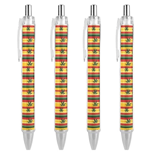 QIJIUU Rastafarian Weeds Lustige Kugelschreiber, schwarze Tinte, einziehbarer Stift für glattes Schreiben, 0,5 mm, feines Bürozubehör, Geschenke, 4 Stück von QIJIUU