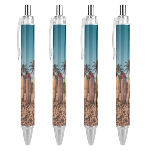 QIJIUU Surfboard Palm Tree Druckkugelschreiber, schwarze Tinte, Kugelschreiber, Arbeitsstifte für Männer und Frauen, 4 Stück von QIJIUU