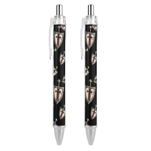 QIJIUU Vintage Templar Lustige Kugelschreiber, schwarze Tinte, einziehbarer Stift für glattes Schreiben, 0,5 mm, feines Bürozubehör, Geschenke, 2 Stück von QIJIUU