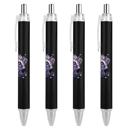 QIJIUU Waschbär-Kugelschreiber mit Blumenmuster, schwarze Tinte, einziehbarer Schreibstift für Männer und Frauen, Bürobedarf, 4 Stück von QIJIUU