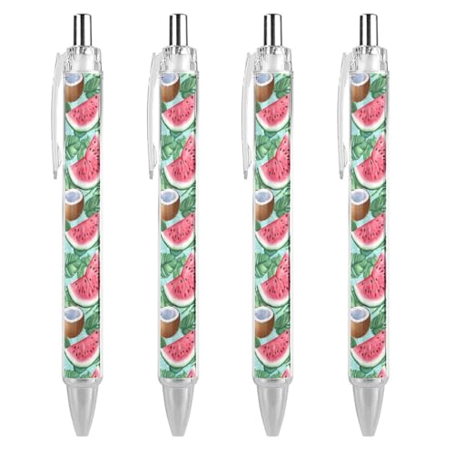 QIJIUU Wassermelonen-Kokosnuss-Hawaii-Kugelschreiber, schwarze Tinte, einziehbarer Stift für glattes Schreiben, 0,5 mm, feines Bürozubehör, Geschenke, 4 Stück von QIJIUU