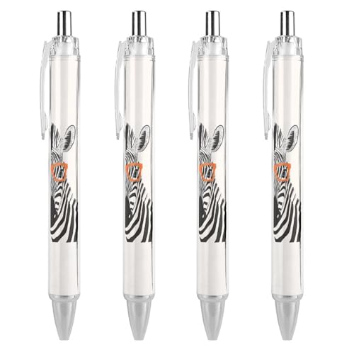 QIJIUU Zebra mit Brille, lustiger Kugelschreiber, schwarze Tinte, einziehbarer Stift für glattes Schreiben, 0,5 mm, feines Bürozubehör, Geschenke, 4 Stück von QIJIUU