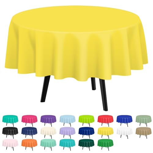 QIKSION 12 Stück gelbe Kunststoff-Tischdecken, Einweg-Tischdecken, runde Tischdecken für Partys, Brautpartys, Geburtstage, Hochzeiten, passend für runde Tische (213 cm) von QIKSION