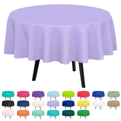 QIKSION 2 Stück Lavendel-Kunststoff-Tischdecke, Einweg-Tischdecken, runde Tischdecken für Partys, Brautparty, Geburtstag, Verlobung, Hochzeit, passend für runde Tische (213 cm) von QIKSION