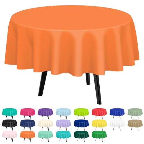 QIKSION 2 Stück orangefarbene Kunststoff-Tischdecken, Einweg-Tischdecken für Partys, Brautpartys, Geburtstage, Hochzeiten, passend für runde Tische (213 cm) von QIKSION