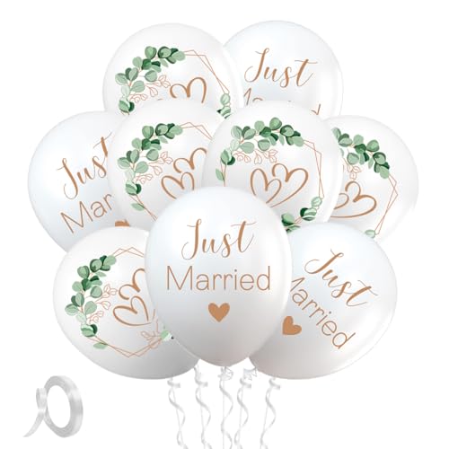 60 Stück Luftballons Hochzeit, 12 Zoll Ballons Hochzeit Deko, Just Married Ballon, Herzen Eukalyptus Hochzeitsballons Weiß für Just Married Deko Standesamt Deko Heiratsantrag, Verlobung von QIMMU