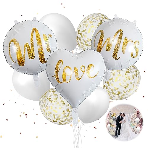 9 Stück Mr & Mrs Luftballon Hochzeit,Hochzeit Ballons Helium,Weißer & Gold Hochzeit Luftballons Helium,Hochzeitsballons mit Mrs, Mr. & Love für die perfekte Hochzeitsfeier,Ballon für Brautpaar von QIMMU