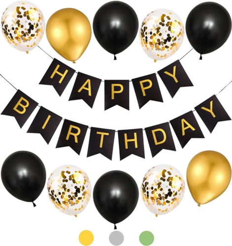 Geburtstagsdeko Schwarz Gold,Happy Birthday Girlande,Happy Birthday Deko,Luftballons Geburtstag,Party Deko Geburtstag,Girlande Geburtstag,Happy Birthday Banner,Konfetti Luftballons für Männer Frauen von QIMMU