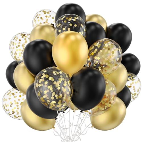 Silvester Deko Luftballons Schwarz Gold 30Stk, Luftballons Gold Schwarz, Metallic Goldene Luftballon, Gold Konfetti Luftballons für Geburtstag, Hochzeit, Party Dekoration von QIMMU
