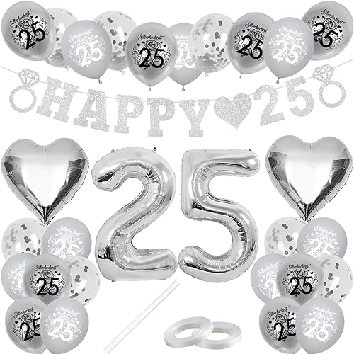 Silberhochzeit Deko,Silberhochzeit Luftballons,Silberhochzeit Girlande,Silberhochzeit 25 Deko,Luftballons Hochzeit Silber für Silberne Hochzeit Feier 25. Hochzeitstag Deko von QIMMU