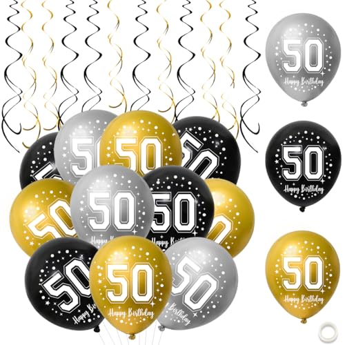 50. Geburtstag Luftballons,30 Stück Schwarz Gold Silber Happy 50. Geburtstag Latex Ballon,50. Geburtstag Party Dekorationen Luftballons für Manner Frauen 50. Geburtstag Dekor von QIMMU
