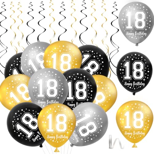 18. Geburtstag Luftballons,30 Stück Schwarz Gold Silber Happy 18. Geburtstag Latex Ballon,18. Geburtstag Party Dekorationen Luftballons für Jungen Mädchen 18. Geburtstag Dekor von QIMMU