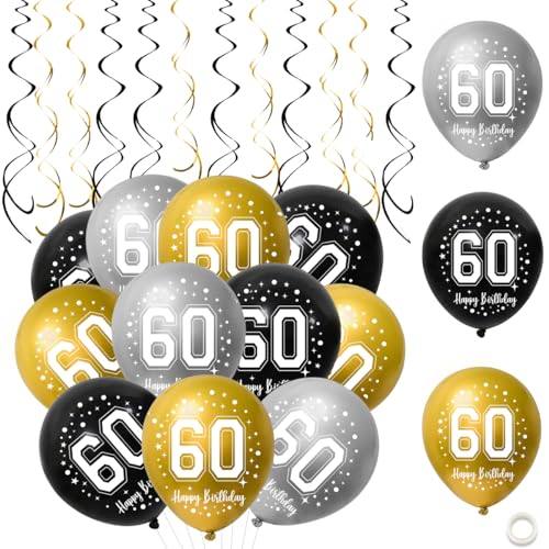 60. Geburtstag Luftballons,30 Stück Schwarz Gold Silber Happy 60. Geburtstag Latex Ballon,60. Geburtstag Party Dekorationen Luftballons für Manner Frauen 60. Geburtstag Dekor von QIMMU