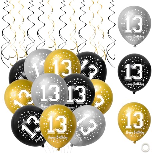13. Geburtstag Luftballons,30 Stück Schwarz Gold Silber Happy 13. Geburtstag Latex Ballon,13. Geburtstag Party Dekorationen Luftballons für Jungen Mädchen 13. Geburtstag Dekor von QIMMU