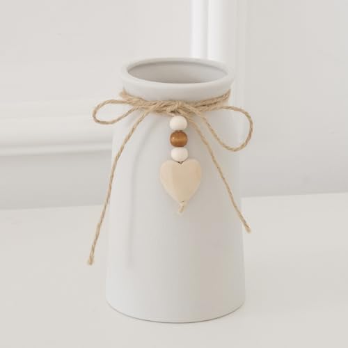Charmante Keramikvase, 15,2 cm, Juteseil und Herz-Charm-Vase für böhmische Bauernhaus- und Boho-Dekoration, Weiß von QIMOND