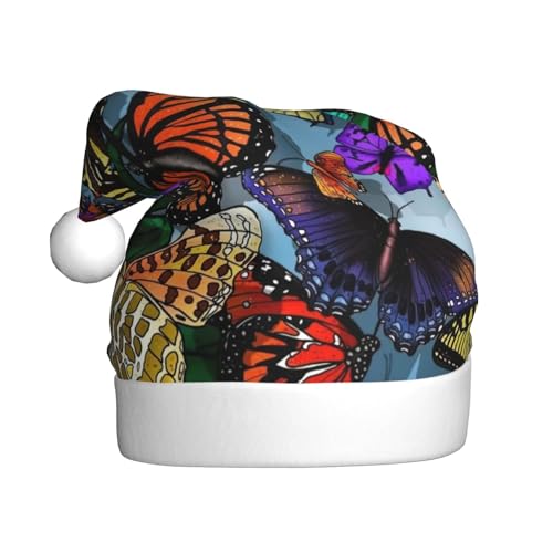 QIN&ZHENG Handgezeichneter farbiger Schmetterlings-Druck, personalisierbar, lustige Weihnachtsgeschenke für Frauen, Erwachsene, Samt-Plüsch-Weihnachtsmütze von QIN&ZHENG