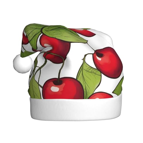 QIN&ZHENG Niedlicher Weihnachtsmann-Hut mit 3 roten Kirsch-Mustern, lustige Weihnachtsgeschenke für erwachsene Frauen aus Plüschsamt von QIN&ZHENG