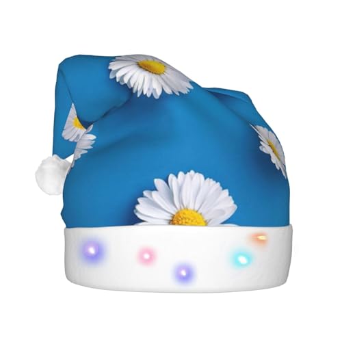 QIN&ZHENG Personalisierte weiße Gänseblümchen-Druck-Weihnachtsmannmütze für Erwachsene mit LED-Lichtern für Weihnachtsfeiern von QIN&ZHENG