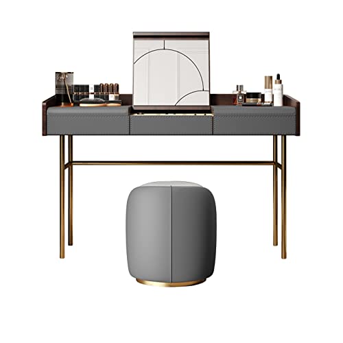 Schminktisch Schminktisch-Set mit Hocker, Heimkommode, aufklappbares Leder, hochwertiges Holz, Schlafzimmer-Make-up-Tisch, Make-up-Hocker, Orange-Grau, versteckter Make-up-Spiegel, Kommode Schminktisc von QINGGANG-0224