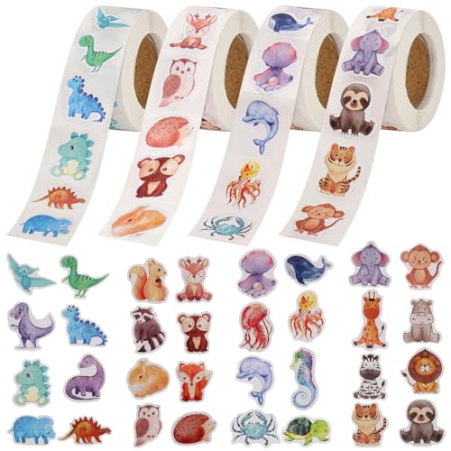 2000 Stück Runde Aufkleber Kinder Sticker Tiere Rolle 32 Muster Belohnungssticker Cartoon Aufkleberr Animal Sticker für Koffer Scrapbooking Journal Umschläge DIY Handwerk Geschenke(4 Rolle) von QINGHEC