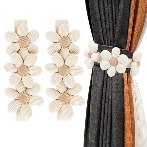 QINGYIWL Boho Vorhang Raffhalter, 2 Stück Raffhalter für Vorhänge Niedlich Blumen Gardinenclips Vorhanghalter, Gardinen Seil für Haus Kinderzimmer Deko Farbe Khaki von QINGYIWL