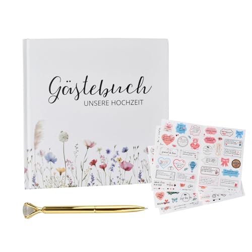 Gästebuch Hochzeit Vintage mit Stickern & Metallic Stifte, 144 Seiten Hochzeitsgästebuch zum Ausfüllen & Fotos Einkleben, Hardcover Hochzeitsbuch für Brautpaar & Gäste, Hochzeit Deko von QINGZY