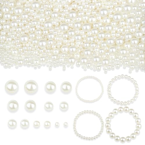 QINJIEJIE 1500 Stück Perlen Weiß, 5 Verschiedene Größen Weiße Bastelperlen zum Auffädeln, Runde Perlen Lose Beads für Jewellery Making DIY Schmuckherstellung, Armbänder, Halsketten und Vasenfüller von QINJIEJIE