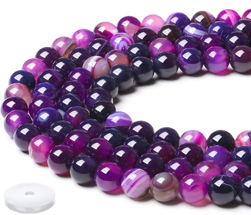 QINJIEJIE Lila gestreifter Achat Perlen 50 Stück 8mm mit Loch Edelstein Perlen Zum Basteln Runde Kristall Beads Lila Perlen für Armbänder Erwachsene DIY Halskette Schmuckherstellung von QINJIEJIE