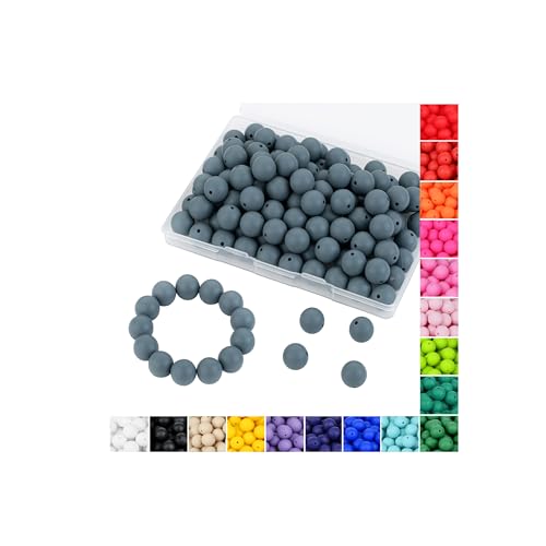 QINJIEJIE Silikonperlen, 15 mm, dunkelgrau, Silikonperlen für Schlüsselanhänger, Armbänder, Stifte, Halsketten, runde Gummiperlen zum Basteln (dunkelgrau), 120 Stück von QINJIEJIE