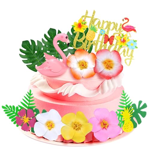Flamingo Kuchen Deko Geburtstag, Happy Birthday Cake Topper, Blumen Palmblätter Kuchendekoration, 13 Stück Hawaii Kuchen Dekorationen Luau Kuchen Topper, für Sommer Tropical Strand Party Flamingo Kuchen Deko Geburtstag, Happy Birthday Cake Topper, Blumen Palmblätter Kuchendekoration, 13 Stück Hawaii Kuchen Dekorationen Luau Kuchen Topper, für Sommer Tropical Strand Party von QINQINZIJIN