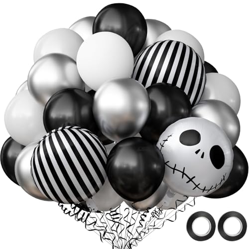 QINQINZIJIN 63 Stück Halloween Ballons, 12 Zoll Metallic Luftballons Schwarz Weiß Silber, Gestreifte Skelett Folienballons, für Halloween Deko Geburtstag Party Feste Karneval QINQINZIJIN 63 Stück Halloween Ballons, 12 Zoll Metallic Luftballons Schwarz Weiß Silber, Gestreifte Skelett Folienballons, für Halloween Deko Geburtstag Party Feste Karneval von QINQINZIJIN