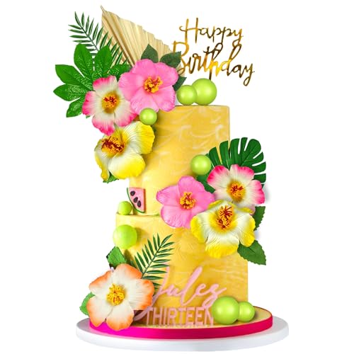 Tortendeko Blumen, 25 Stück Hawaiianische Kuchen Deko, Cake Topper Decoration Geburtstag mit Palmenblätter Mini Kugeln Tortendeko, für Geburtstag Baby Hawaii Party Deko (Mehrfarbig) von QINQINZIJIN