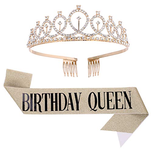 QINREN Birthday Geburtstag Geburtstagskrone Schärpe Birthday Krone Gold Geburtstag Tiara Crown Frauen Mädchen Geburtstag Tiara für Alles Gute zum Geburtstag Partyzubehör, Gefälligkeiten, Dekorationen von QINREN