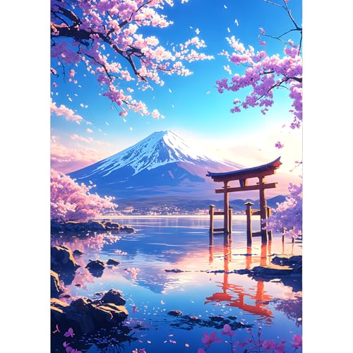 QINRUBB DIY Berg Fuji Diamant Painting Bilder Anfänger, 5D Torii Tür Diamond Painting Erwachsene, Runder Vollbohrer Kirschblüte See Diamant Kunst Kits Kreuzstich Landschaft Home Wand Dekor 30x40 cm von QINRUBB