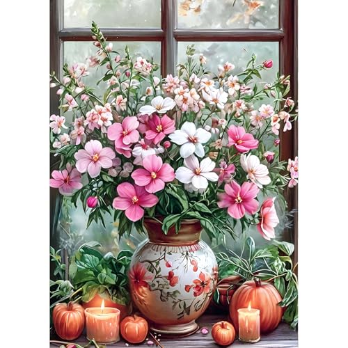 QINRUBB DIY Bunte Blumen Diamond Painting Erwachsene, 5D Fenster Diamant Painting Bilder Anfänger, Kerze Runder Vollbohrer Diamant Kunst Kits Stickerei Kreuzstich Geschenke Home Wand Dekor 30x40 cm von QINRUBB